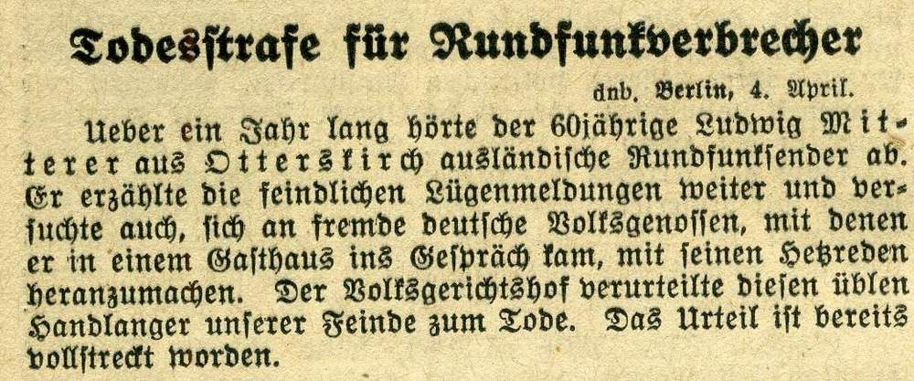 Todesstrafe für Rundfunkverbrecher (aus: Magdeburgische Zeitung vom 04.04.1944)