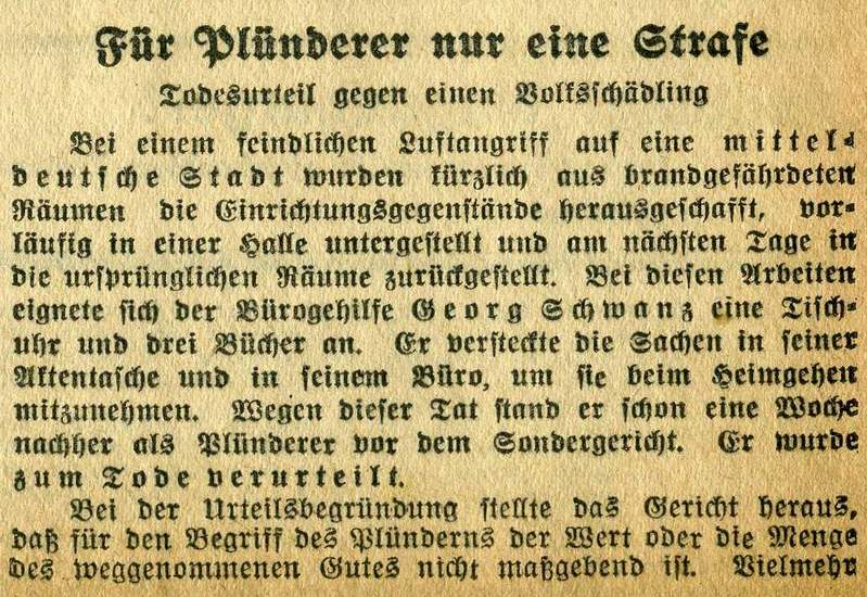 Für Plünderer nur eine Strafe (Teil I.)  (aus: Magdeburgische Zeitung vom 07.08.1944)
