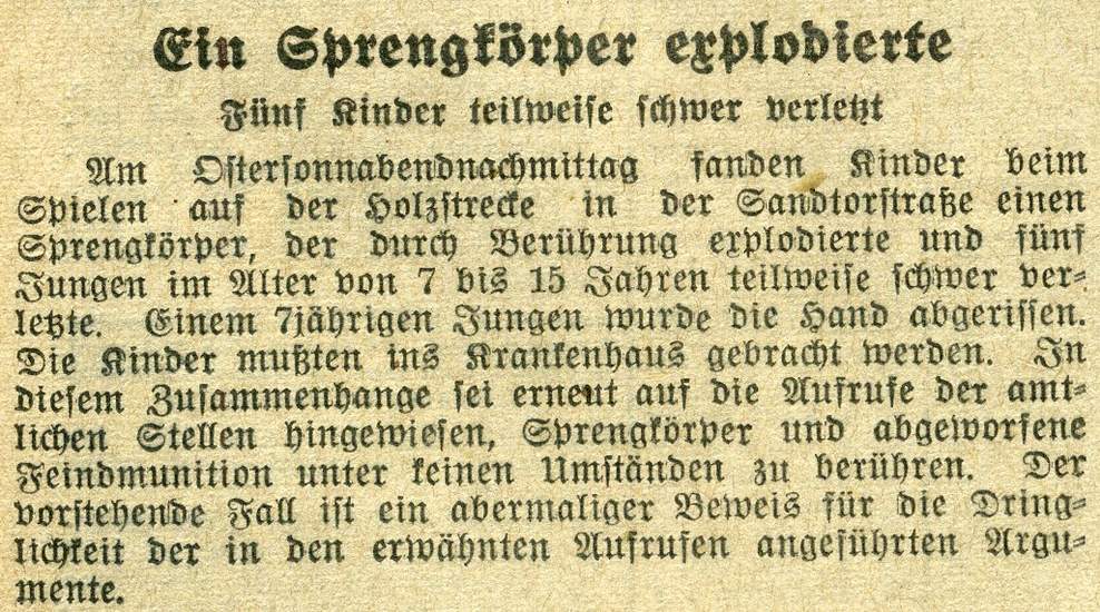 Sprengkörper explodierte, Kinder verletzt (aus: Magdeburgische Zeitung vom 11.04.1944)
