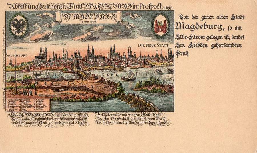 Postkarte mit einer Darstellung von Magdeburg um 1650 (Archiv Chronik)