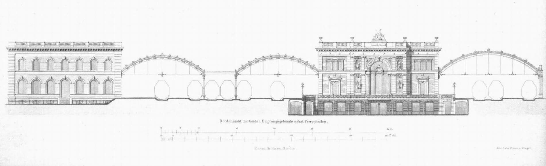 Nordansicht der Empfangsgebäude des Centralbahnhofs 1879 (aus: Centralblatt der Bauverwaltung 1879, Archiv Chronik)
