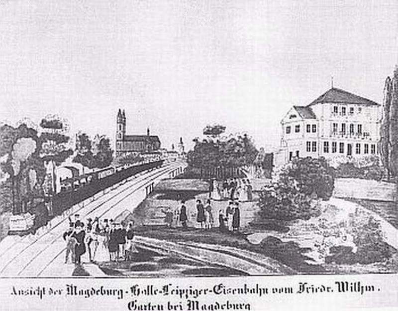 Zeitgenössische Darstellung einer Zugfahrt in Magdeburg