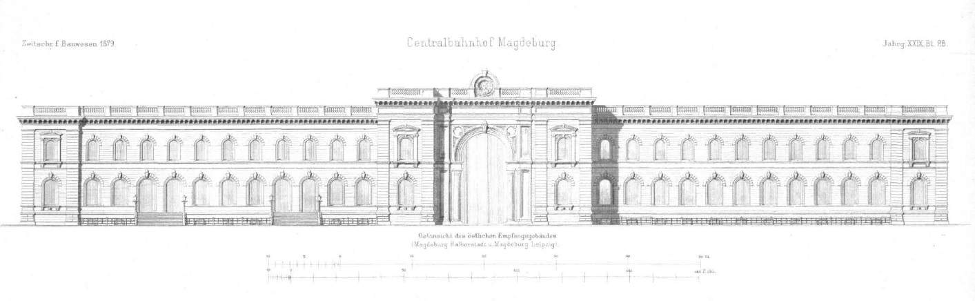 Ansicht vom Osten: Das gemeinsam genutzte Empfangsgebäude des Centralbahnhof um 1879 (aus: Centralblatt der Bauverwaltung 1879, Archiv Chronik) 