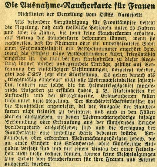 Ausnahmeraucherkarten für Frauen (aus: Magdeburgische Zeitung vom 1. Juni 1944, Archiv Chronik)