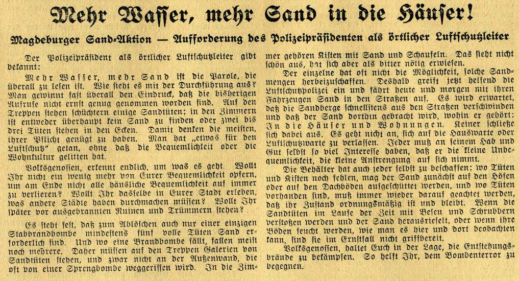 Magdeburger Sandaktion (aus: Magdeburgische Zeitung vom 2. April 1944, Archiv Chronik)