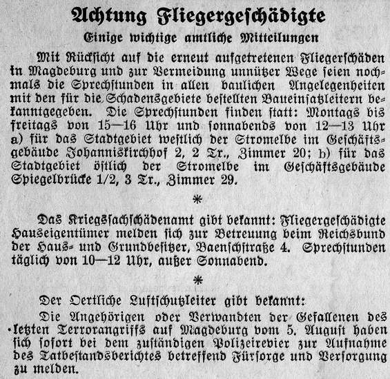 Achtung Fliegergeschädigte (aus: Magdeburgische Zeitung vom 14. August 1944, Archiv Chronik)