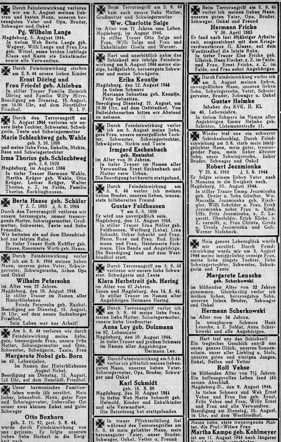 Todesanzeigen in der Magdeburgischen Zeitung vom 14. August 1944 (Archiv Chronik)