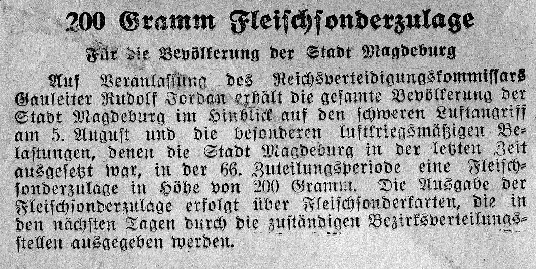 Fleischsonderzulage (aus: Magdeburgische Zeitung vom 16. August 1944, Archiv Chronik)
