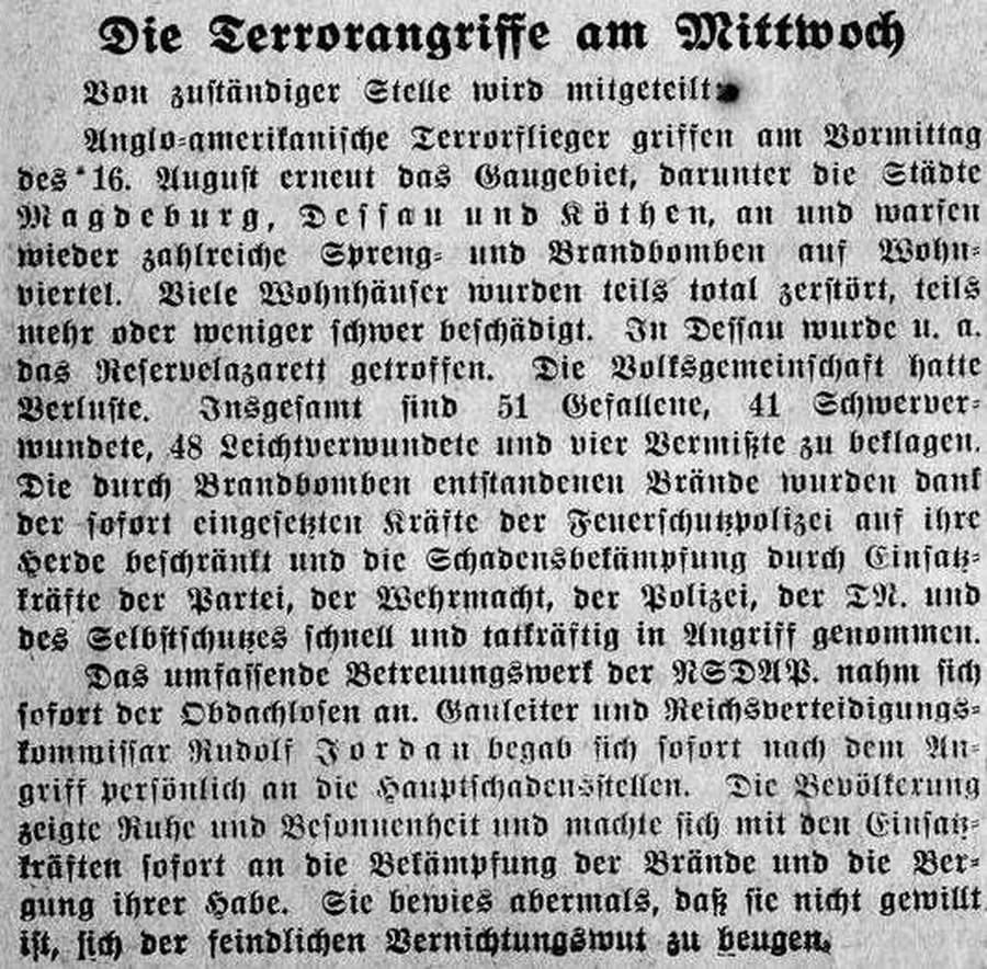 Terrorangriffe (aus: Magdeburgische Zeitung vom 17. August 1944, Archiv Chronik)