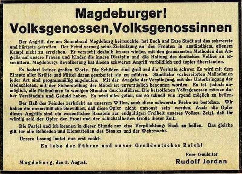 Durchhalteparolen von Gauleiter Jordan in der Magdeburgischen Zeitung vom 07.August 1944