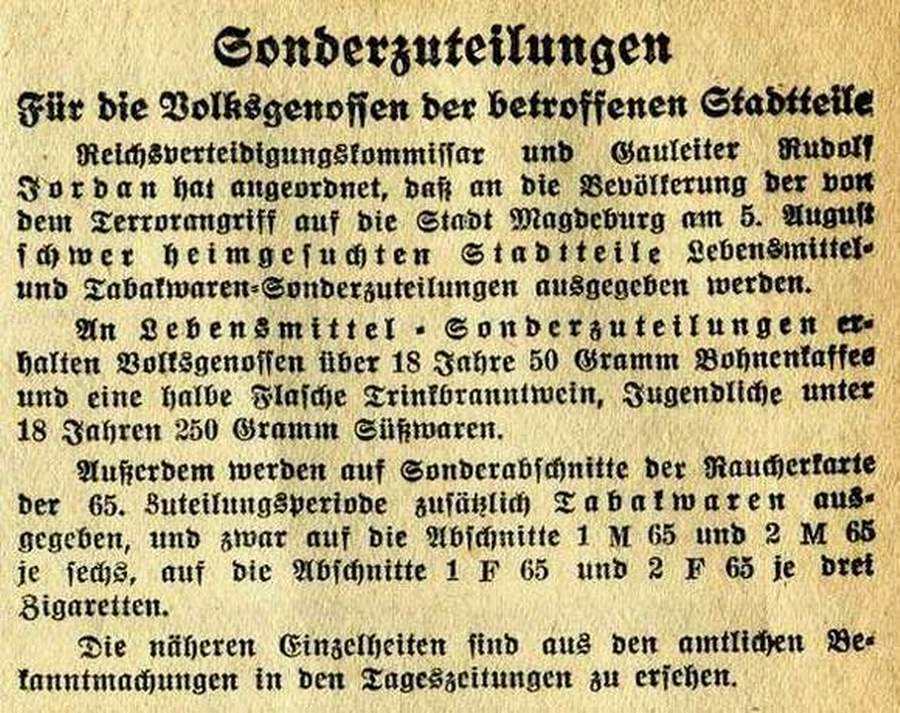 Sonderzuteilung (aus: Magdeburgische Zeitung vom 7. August 1944, Archiv Chronik)