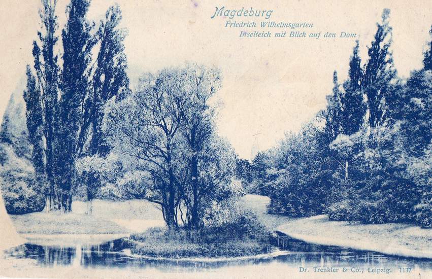 Friedrich-Wilhelmsgarten, Inselteich mit Blick auf den Dom, 31.05.1899