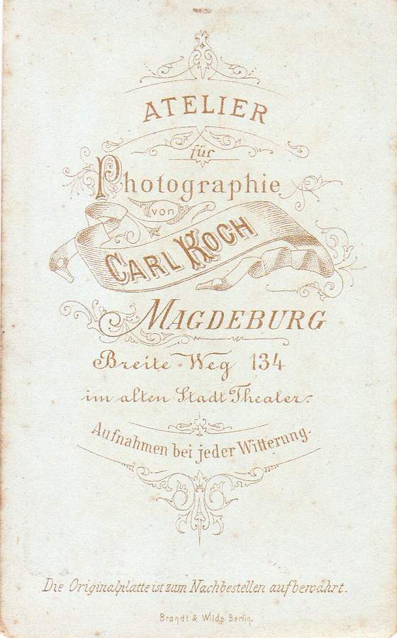 Carte de visite des Atelier für Photographie Carl Koch, MD Breiter Weg 134