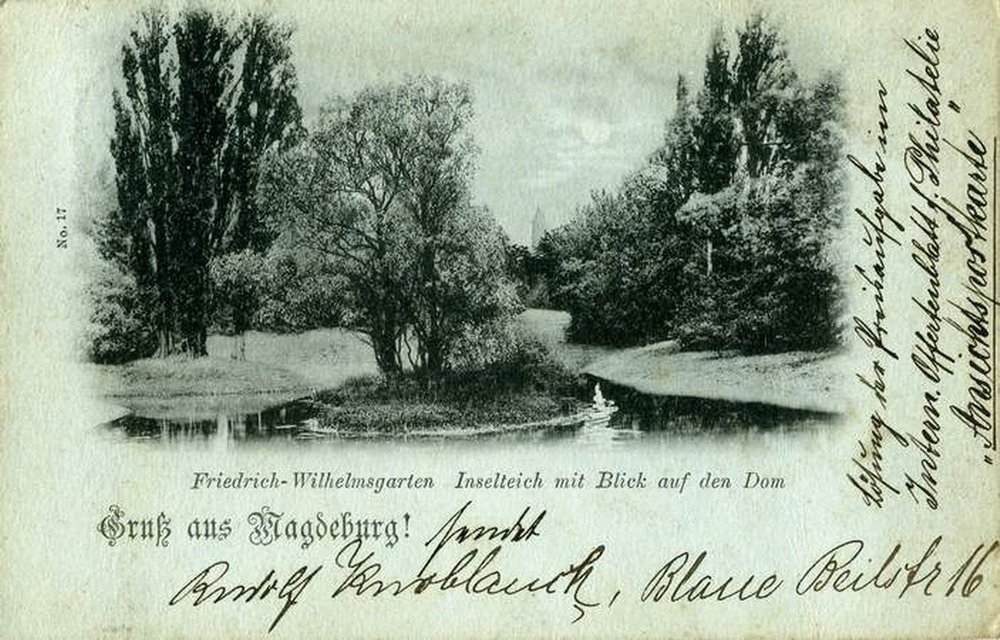 Friedrich-Wilhelmsgarten, Inselteich mit Blick auf den Dom, 12.05.1899