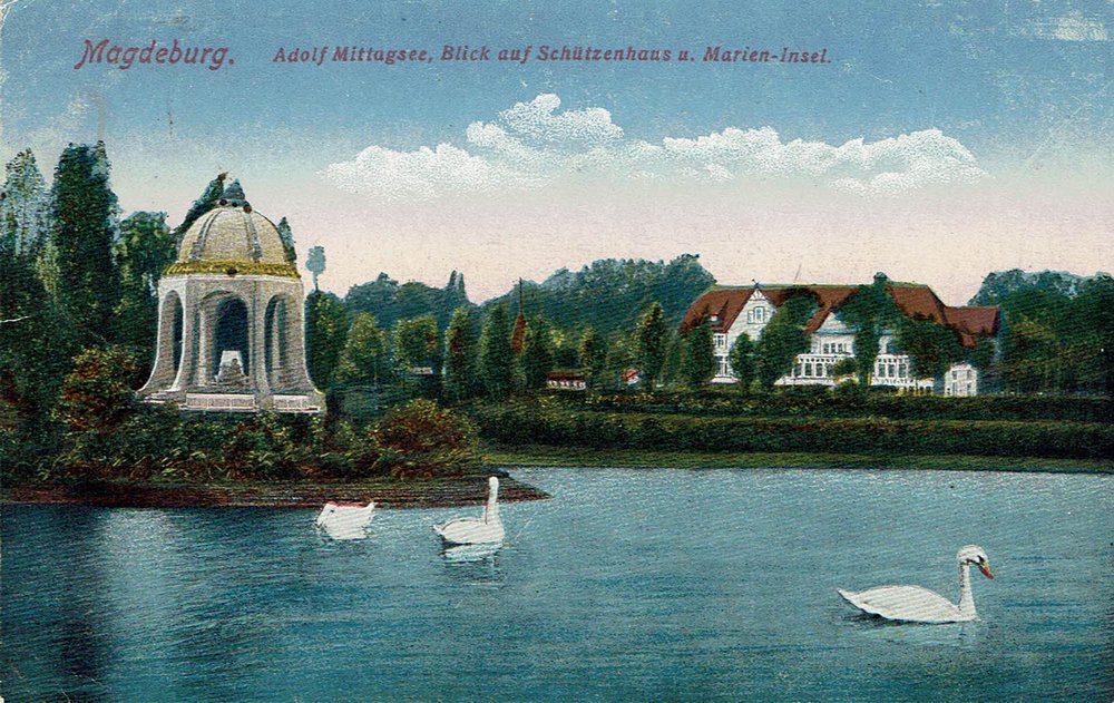Adolf-Mittag-See, Blick auf Schützenhaus und Marien-Insel, 22.10.1918