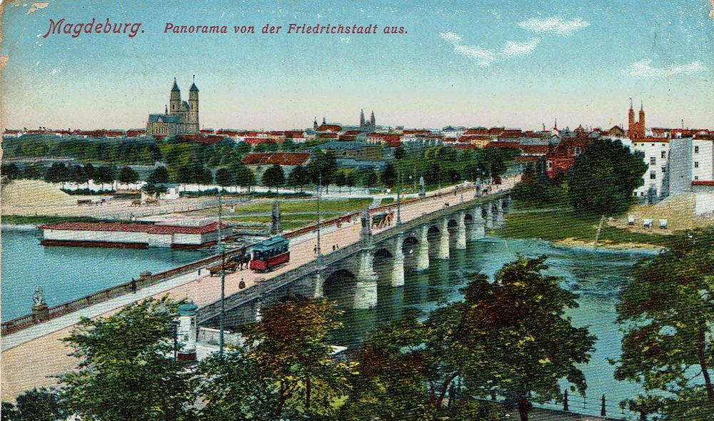 Feldpostkarte, Magdeburg, Panorama von der Friedrichstadt aus, 08.10.1914